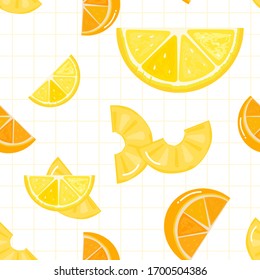 Seamless of  lemon, orange and pineapple on grid cells background vector illustration. Cute cartoon fruit pattern for print.