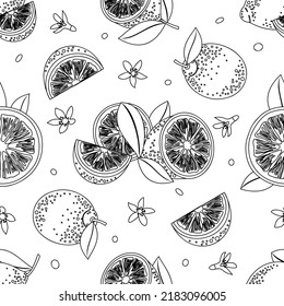 Seamless lemon pattern with a black outline on a white background. Vector illustration.