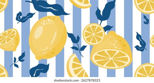 Seamless lemon pattern with blue striped background, perfect for summer design, packaging, textile, or wrapping paper.
