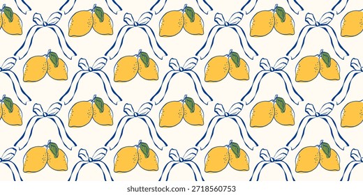 Seamless lemon pattern with blue stripes, bows, and Mediterranean vibe. Designed for Italian kitchen decor, summer textiles, and fresh food-themed backgrounds.