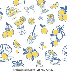 Nahtloses Zitronenmuster mit Zitrusfrüchten, Desserts, Getränken, Bögen und Sommerelementen in gelben und blauen Farben. Perfekt für Gewebe, Verpackungen und Verpackungspapier
