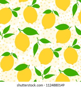 Seamless lemon pattern - citrus illustration with leaves repeating on yellow dotted background
