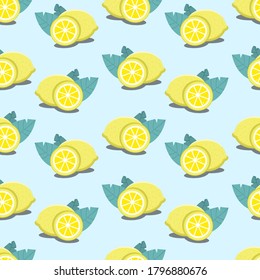 Seamless lemon pattern - citrus illustration with leaves repeating on  blue background.