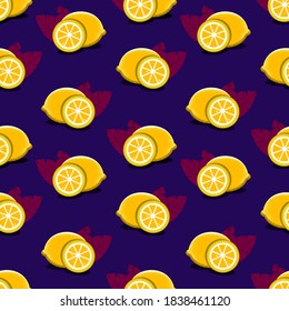 Seamless lemon pattern - citrus illustration with leaves repeating on violet background.