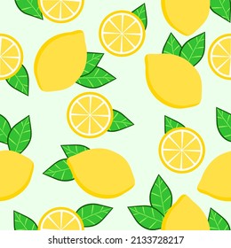 Seamless lemon pattern. Citrus on a light background. Green leaves. Vector texture.