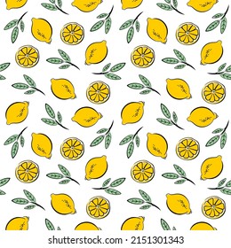 Nahtlose Zitronenmuster. Frische Zitrusfrüchte im Doodle-Stil. Vektorgrafik