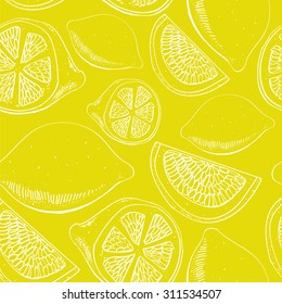 Seamless lemon pattern. Delicious hand drawn citrus fruits, Background for cards, web-pages. Fresh colors.