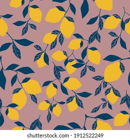 seamless lemon pattern . dirty pink background. ripe lemons on a branch . vector texture. trend print for textiles.