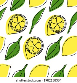 Seamless lemon pattern, exotic fruit, lemon leaves, network vector illustration, white background, flat icon, single lines, doodle graphics, lemon set