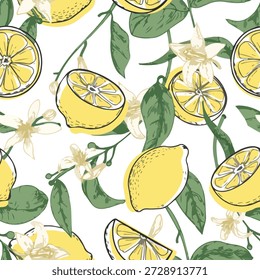 Padrão de limão sem costura com frutas inteiras, fatias, flores e folhas verdes em um fundo branco. Ilustração cítrica amarela vibrante com um estilo gráfico desenhado à mão, perfeito para decoração de cozinha, estampas têxteis e embalagens de alimentos.