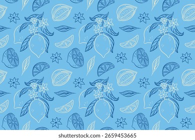 Seamless lemon pattern with flowers, slices and leaves on blue background in hand drawn design. Perfect for summer themes, kitchen print, fabric and natural product packaging.