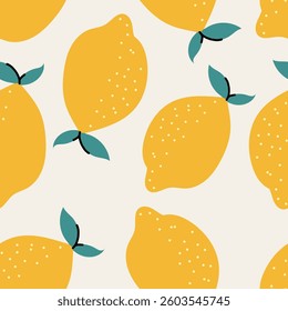 Seamless lemon pattern. Fresh tropical fruit background. Cute citrus ornament for summer design, textile, kitchen decor, wrapping paper. Flat vector illustration isolated on white background.