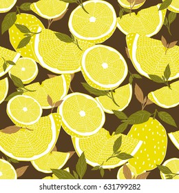 Seamless Lemon Pattern. Lemon Fruits Background. Leaves, Lemons. 