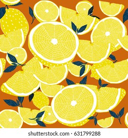 Seamless Lemon Pattern. Lemon Fruits Background. Leaves, Lemons. 