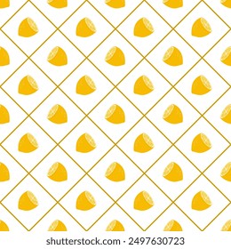 Seamless lemon pattern. Half lemon on white tile background. Vitamin C. Vector illustration.