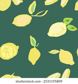 A seamless lemon pattern. Hand draw, and new style, interesting colors, whole lemons, and slices.