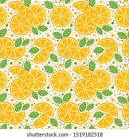 Seamless lemon pattern. Hand drawn doodle citrus mix, lemons slises and green leaves.  Decorative illustration, good for printing 