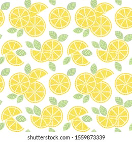 Seamless lemon pattern. Hand drawn doodle citrus mix, lemons slises and green leaves. Decorative illustration, good for printing