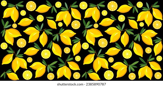 Seamless lemon pattern.  Juicy lemons on a branch. Cut citrus slices painting on black background. Good for textile fabric design, wrapping paper, website wallpapers, textile, wallpaper and apparel.