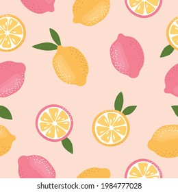 Seamless lemon pattern. Juicy pink and yellow lemons. Suitable for textiles, web banners, postcards, backgrounds. Fresh summer fruits. Vector illustration.