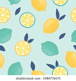 Seamless lemon pattern. Juicy turquoise and yellow lemons. Suitable for textiles, web banners, postcards, backgrounds. Fresh summer fruits. Vector illustration.