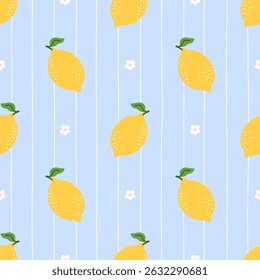 Seamless lemon pattern with kawaii citrus fruits and flowers. Bright and cheerful background for summer textiles