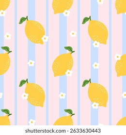 Seamless lemon pattern with kawaii citrus fruits and flowers. Bright and cheerful background for summer textiles