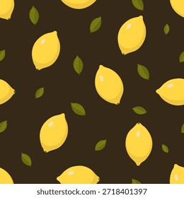 Seamless Lemon Pattern with Leaves on Dark Background – Citrus Fruit Illustration