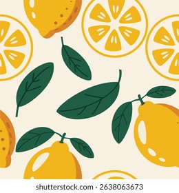 Seamless Lemon Pattern with Leaves. Perfect for summer-themed packaging, textiles, and digital backgrounds.