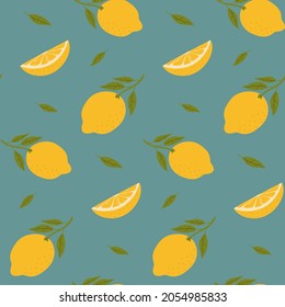 Seamless lemon pattern with leaves and slice. Yellow citrus fruits on turquoise background. Color vector illustration for textiles, wrapping paper.