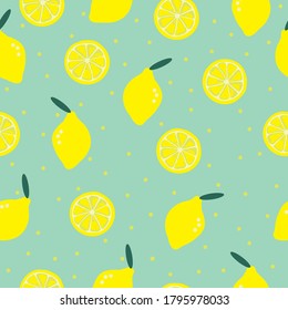 Seamless lemon pattern. Light green background, ripe lemons, leaves, dots. The print is well suited for Wallpaper.