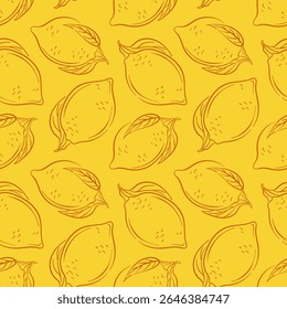 Padrão de limão sem costura em estilo de arte de linha em fundo amarelo. Desenho desenhado à mão para embalagem de alimentos, papel de parede de cozinha, papel de embrulho e pacote orgânico.