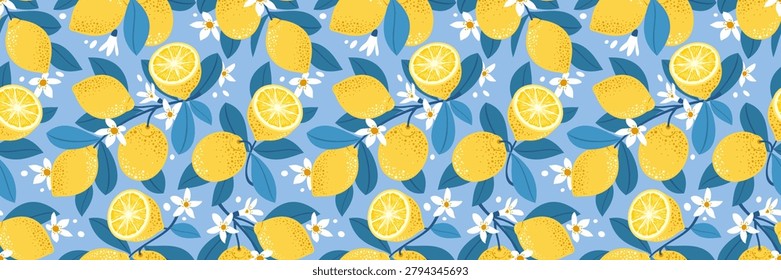 Seamless lemon pattern in a Mediterranean theme in turquoise and yellow colors.  A pattern with juicy lemon fruits on a branch and flowers. Suitable for backgrounds, wrapping paper, textiles and more. Illustrated vector clipart. Hand draw no ai.