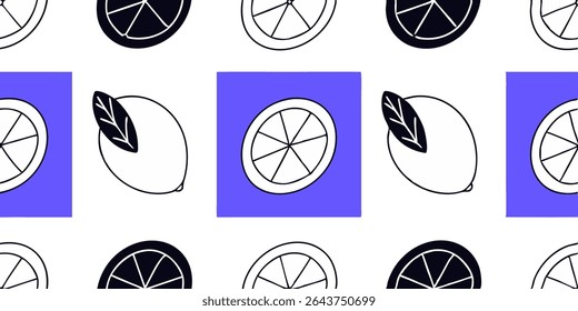 Seamless lemon pattern  modern citrus fruit vector design in minimalist line art style