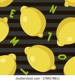 Seamless lemon pattern on black striped background with bright letters. Trendy summmer fruit pattern for textile. Ready for print endless fabric backdrop