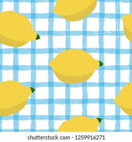 Seamless lemon pattern on blue cage background. Hand drawn citrus illustration with fruits. Template for print, design, postcards, poster, party, summer background, vintage textile. Vector.