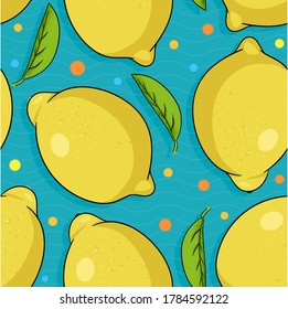 Patrón de limón sin foco sobre fondo de color azul con puntos brillantes. Patrón de verano de moda para textiles. Preparado para imprimir un fondo de tejido sin fin
