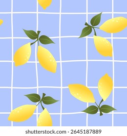 Seamless Lemon Pattern on Blue Grid Background – Fresh Summer Citrus Design. Perfect for summer-themed designs, kitchen textiles, wrapping paper, fabric and digital backgrounds. Vector illustration.