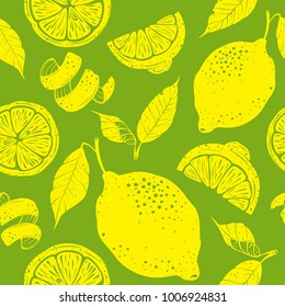 Seamless lemon pattern on lime background.