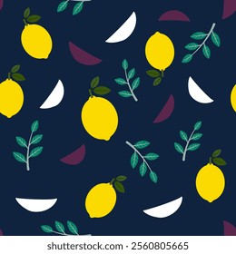 Seamless lemon pattern on navy blue background.