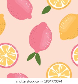 Seamless lemon pattern. Pink and yellow citrus fruits.  Hand-drawn pattern for textile, print, and web use. Vector illustration.