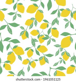 Seamless lemon pattern. Ripe lemons on a branch on a white background. summer print for surface printing and web design.