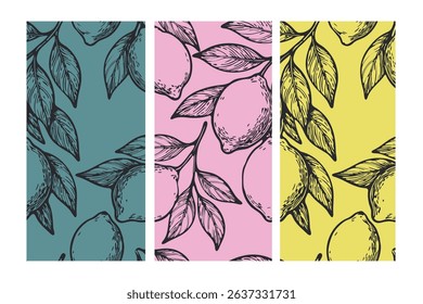 Seamless lemon pattern set with hand drawn citrus fruits and leaves on teal, pink, and yellow backgrounds. Bold, vibrant, and perfect for summer designs. Vector illustration