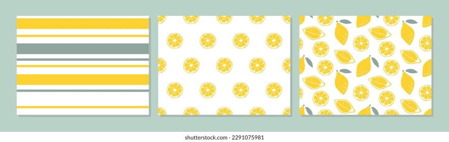 Juego de patrones de limón sin foco. Colección de tres patrones. Resumen Patrón sin costura con limón, rebanada de limón, tiras sobre fondo blanco. Fondos para textiles, papel de envoltura, papel pintado, diseño de cubierta
