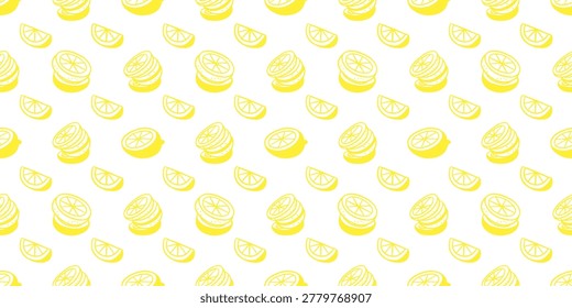 Seamless lemon pattern with sliced citrus fruit and lemon wedges arranged in a repeating layout