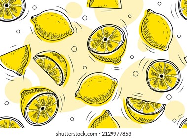 Seamless Lemon Pattern. Template with repeating citrus fruits and sliced pieces with black outline. Design element for printing on paper or fabric. Cartoon flat vector illustration in doodle style