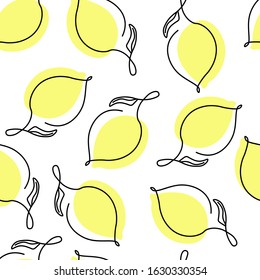 Seamless lemon pattern – trendy contemporary one line drawing abstract fruit with yellow shapes on white background