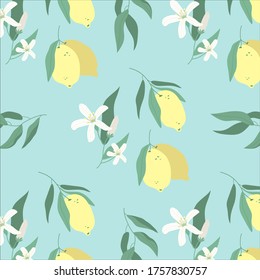 Patrón de limón sin foco. Lemones amarillos de moda sobre un fondo azul claro. Ilustración vectorial de mano moderna para tarjetas de felicitación, fondos de pantalla y diseño de papel envolvente. Jugoso fondo de frutas de verano.