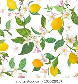 Seamless Lemon pattern with tropic fruits, leaves, flowers background. Hand drawn vector illustration in watercolor style for summer romantic cover, tropical wallpaper, vintage texture