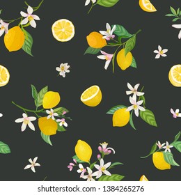 Seamless Lemon pattern with tropic fruits, leaves, flowers background. Hand drawn vector illustration in watercolor style for summer romantic cover, tropical wallpaper, vintage texture